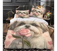 TNSGHAVED Lindo Perro sosteniendo una Rosa Funda de Edredón con Fundas de Almohada 3 Piezas Suave Diseño 3D Cremallera Oculta Transpirable Enamorado Funda Edredon for niños y niñas Single（140x200cm）