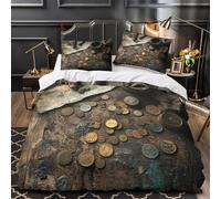 TNSGHAVED Monedas Antiguas Funda de Edredón Juego de 3 Piezas Diseño 3D Cremallera Oculta Incluye Fundas de Almohada Lavables Colección de Tesoros Vintage Funda Edredon for niña Single（140x200cm）