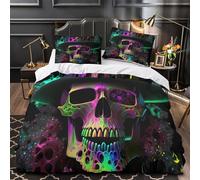 TNSGHAVED Sombrero de Calavera de neón 3D Impresión Funda de edredón 3pz Microfibra Ligera Vibrante Surrealista Edredón Funda 2 Fundas Cremallera Oculta Adolescentes Adultos Single（140x200cm）
