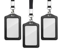 TNSLAND 3PCS Porta Tarjetas Identificativas, Cuero PU Negro con Cordón, Funda Tarjeta Identificación Vertical Transparente, Porta Carnés Colgante para Oficina, Escuela, Identificación del Personal