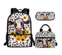 TOADDMOS 3 mochilas escolares para niñas y niños, bolsa escolar de gran capacidad con lonchera y estuche para lápices, Vaca de girasol, Mochilas