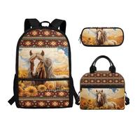 TOADDMOS 3 mochilas escolares para niñas y niños, bolsa escolar de gran capacidad con lonchera y estuche para lápices, Southwest Tribal Horse Girasol, Mochilas