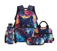 TOADDMOS 4 mochilas para niños con bolsa de almuerzo, estuche multifuncional para botellas de agua, adecuado para niños pequeños, Galaxy Wolves, moderno
