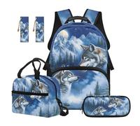 TOADDMOS 5 mochilas para niños para la escuela con fiambrera, estuche multifuncional, 2 piezas, marcapáginas, bolsa escolar de gran capacidad, Wolf Mountain, moderno