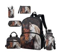 TOADDMOS El juego de mochila escolar incluye mochila escolar, bolsa de almuerzo, estuche para lápices, soporte para botella de agua, monedero, soporte para bolígrafos, 6 piezas, Caballo para parej,