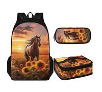 TOADDMOS Juego de 3 bolsas escolares ligeras para adolescentes de 17 pulgadas con bolsa de almuerzo portátil y soportes para lápices, Caballo girasol, Mochilas