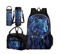 TOADDMOS Juego de 4 bolsas escolares para niños con bolsa de almuerzo aislada, funda portátil para botella de agua y botella de agua aislada, Atrapasueños lobo, Small Water Bottle, Juego de mochila