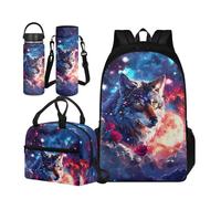TOADDMOS Juego de 4 bolsas escolares para niños con bolsa de almuerzo aislada, funda portátil para botella de agua y botella de agua aislada, Galaxy Wolf, Large Water Bottle, Juego de mochila escolar