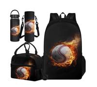 TOADDMOS Juego de 4 bolsas escolares para niños con bolsa de almuerzo aislada, funda portátil para botella de agua y botella de agua aislada, Burning Fire Baseball, Small Water Bottle, Juego de