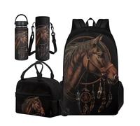 TOADDMOS Juego de 4 bolsas escolares para niños con bolsa de almuerzo aislada, funda portátil para botella de agua y botella de agua aislada, Caballo atrapasueños, Small Water Bottle, Juego de mochila