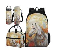 TOADDMOS Juego de 4 bolsas escolares para niños con bolsa de almuerzo aislada, funda portátil para botella de agua y botella de agua aislada, Caballo atrapasueños, Small Water Bottle, Juego de mochila