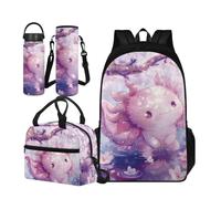 TOADDMOS Juego de 4 bolsas escolares para niños con bolsa de almuerzo aislada, funda portátil para botella de agua y botella de agua aislada, Axolotl, Small Water Bottle, Juego de mochila escolar