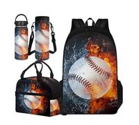 TOADDMOS Juego de 4 bolsas escolares para niños con bolsa de almuerzo aislada, funda portátil para botella de agua y botella de agua aislada, Pelota de béisbol Fire, Small Water Bottle, Juego de