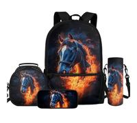 TOADDMOS Juego de 4 mochilas con bolsa de almuerzo, estuche para lápices, botella de agua, bolsa bandolera para niños, niñas, estudiantes de vuelta a la escuela, Caballo de fuego, Mochilas
