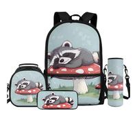 TOADDMOS Juego de 4 mochilas con bolsa de almuerzo, estuche para lápices, botella de agua, bolsa bandolera para niños, niñas, estudiantes de vuelta a la escuela, Lindo hongo mapache, Mochilas