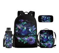 TOADDMOS Juego de 4 mochilas escolares de 17 pulgadas con fiambrera, estuche para lápices, funda para botella de agua, Colibrí Flor, Mochilas