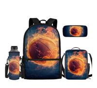 TOADDMOS Juego de 4 mochilas escolares para niños, con fiambrera, estuche para lápices, funda para botella de agua, Baloncesto de fuego, Mochilas