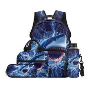 TOADDMOS Juego de 4 mochilas para niños con bolsa de almuerzo, bolsa para bolígrafos y portabotellas de agua, bolsa de libros de gran capacidad para niños y niñas, Cool Shark Lightning, moderno