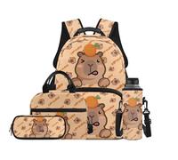 TOADDMOS Juego de 4 mochilas para niños con bolsa de almuerzo, bolsa para bolígrafos y portabotellas de agua, bolsa de libros de gran capacidad para niños y niñas, Naranja capibara, moderno