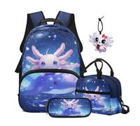 TOADDMOS Juego de 4 mochilas para niños con bolsa de almuerzo, estuche para lápices, colgante con compartimentos para escuela primaria secundaria, Ballena Axolotl, moderno