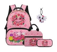 TOADDMOS Juego de 4 mochilas para niños con bolsa de almuerzo portátil, estuche para lápices, colgante, mochila ligera e informal para niños y adolescentes, Axolotl Roses, moderno