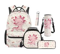 TOADDMOS Juego de 5 mochilas escolares con bolsa de almuerzo portátil, estuche para lápices, bonita bolsa de libros para niños pequeños para preescolar y primaria, Axolotl Cherry, moderno