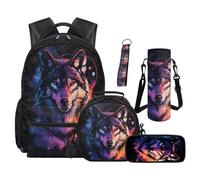TOADDMOS Juego de 5 mochilas escolares con fiambrera, estuche para botella de agua, llavero con cordón para escuela primaria y secundaria, Galaxy Wolves, moderno
