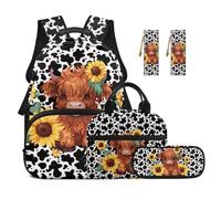 TOADDMOS Juego de 5 mochilas escolares para niños pequeños, lonchera y estuche para lápices, 2 marcapáginas para niños y adolescentes, Girasoles de vaca Highland, moderno