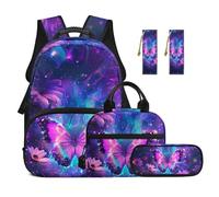 TOADDMOS Juego de 5 mochilas escolares para niños pequeños, lonchera y estuche para lápices, 2 marcapáginas para niños y adolescentes, mariposa rosa, moderno