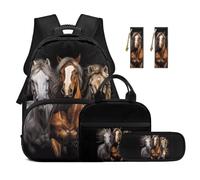 TOADDMOS Juego de 5 mochilas escolares para niños pequeños, lonchera y estuche para lápices, 2 marcapáginas para niños y adolescentes, Cool Horses, moderno