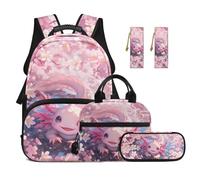 TOADDMOS Juego de 5 mochilas escolares para niños pequeños, lonchera y estuche para lápices, 2 marcapáginas para niños y adolescentes, Flor de cerezo de ajolote rosa, moderno