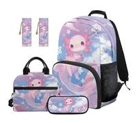 TOADDMOS Juego de 5 mochilas para niños con bolsa de almuerzo, bolsa para bolígrafos, 2 piezas, marcapáginas, bolsa escolar de moda para escuela primaria y secundaria, Axolotl rosa, moderno