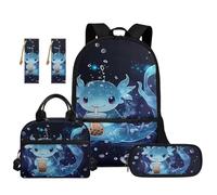 TOADDMOS Juego de 5 mochilas para niños con bolsa de almuerzo portátil, estuche para lápices, marcapáginas de 2 piezas para primaria, primaria, escuela secundaria, Axolotl azul, moderno