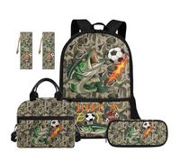 TOADDMOS Juego de 5 mochilas para niños con bolsa de almuerzo portátil, estuche para lápices, marcapáginas de 2 piezas para primaria, primaria, escuela secundaria, Fish Soccer, moderno