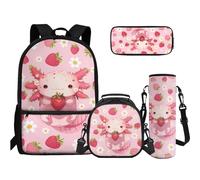 TOADDMOS Juego de bolsa para libros 4 en 1 para escuela secundaria, estuche para lápices, botella de agua, bolsa para adolescentes, niñas, niños, primaria, escuela secundaria, Axolotl de fresa