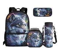 TOADDMOS Juego de bolsa para libros 4 en 1 para escuela secundaria, estuche para lápices, botella de agua, bolsa para adolescentes, niñas, niños, primaria, escuela secundaria, Galaxy Space Wolf