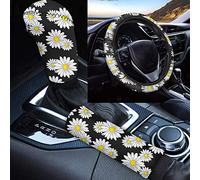 TOADDMOS Juego de fundas suaves para volante de margarita, funda para freno de mano, juego de fundas de cambio de marchas universal para decoración interior automática para mujeres y mujeres