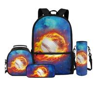 TOADDMOS Juego de mochila escolar 4 en 1 con temática de pelotas deportivas para niños, bolsa de almuerzo, estuche para lápices, botella de agua, bolsa de viaje para estudiantes de secundaria, Fire