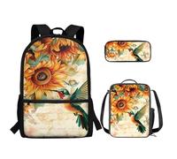 TOADDMOS Juego de mochila escolar de 3 piezas para niños, bolsa de libros + caja de alimentos aislada + estuche con cierre de cremallera, Girasol colibrí, Mochilas