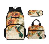 TOADDMOS Juego de mochila escolar de 3 piezas para niños y niñas con almuerzo aislado portátil y estuche para lápices, Girasol colibrí, Juego de mochila escolar