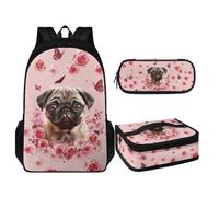 TOADDMOS Juego de mochila escolar de 3 piezas para niños y niñas, mochila con cremallera suave de 17 pulgadas con lonchera y estuche para lápices, Perro carlino rosa mariposa, Mochilas