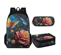TOADDMOS Juego de mochila escolar de 3 piezas para niños y niñas, mochila con cremallera suave de 17 pulgadas con lonchera y estuche para lápices, Mariposa y flores, Mochilas