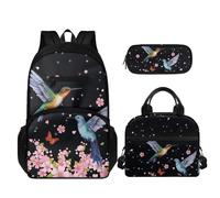TOADDMOS Juego de mochila escolar de 3 piezas que incluye mochila, estuche portátil para almuerzo, Plum Blossoms Hummingbird, Juego de mochila escolar