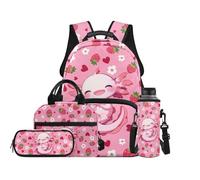 TOADDMOS Juego de mochila escolar de 4 piezas con bolsa de almuerzo, bolsa para bolígrafos, botella de agua con compartimentos, regalo para niñas y niños, Axolotl Fresa, moderno