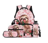 TOADDMOS Juego de mochila escolar de 4 piezas con bolsa de almuerzo, bolsa para bolígrafos, botella de agua con compartimentos, regalo para niñas y niños, Perezoso fresa, moderno