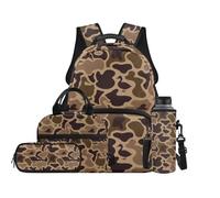 TOADDMOS Juego de mochila escolar de 4 piezas con bolsa de almuerzo, bolsa para bolígrafos, portabotellas de agua con compartimentos, regalo para niñas y niños, Camuflaje de pato, moderno