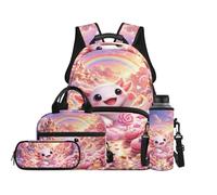 TOADDMOS Juego de mochila escolar de 4 piezas con bolsa de almuerzo, bolsa para bolígrafos, portabotellas de agua con compartimentos, regalo para niñas y niños, Caramelo de ajolote rosa, moderno