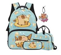 TOADDMOS Juego de mochila escolar de 4 piezas con bolsa de almuerzo portátil, estuche multifuncional con colgante, ligero para niños y adolescentes, Helado Capybara, moderno