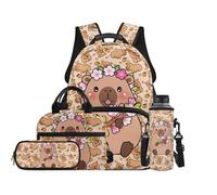 TOADDMOS Juego de mochila escolar de 4 piezas con lonchera multifuncional, estuche para botellas de agua, para niños de 8 a 14 años, Capybara Florals, moderno