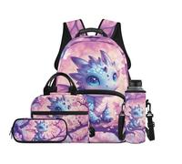 TOADDMOS Juego de mochila escolar de 4 piezas con lonchera multifuncional, estuche para botellas de agua, para niños de 8 a 14 años, Baby Dragon Cherry Blossom, moderno